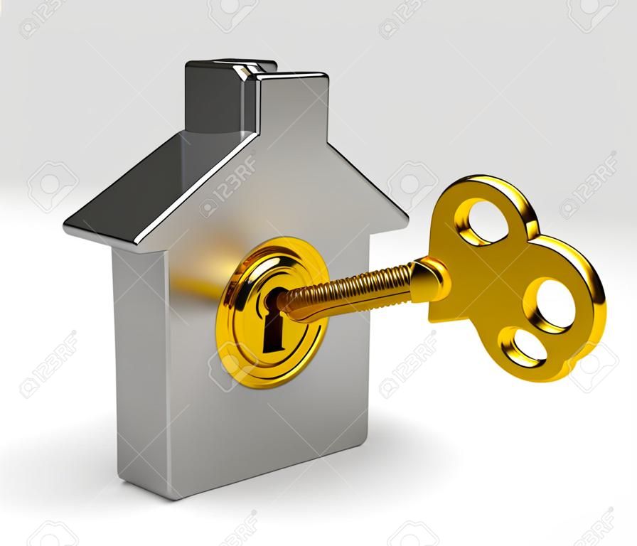 Immobilien-Konzept: Metall-Haus symbol mit goldenen Schlüssel im Schlüsselloch isoliert auf weißem Hintergrund
