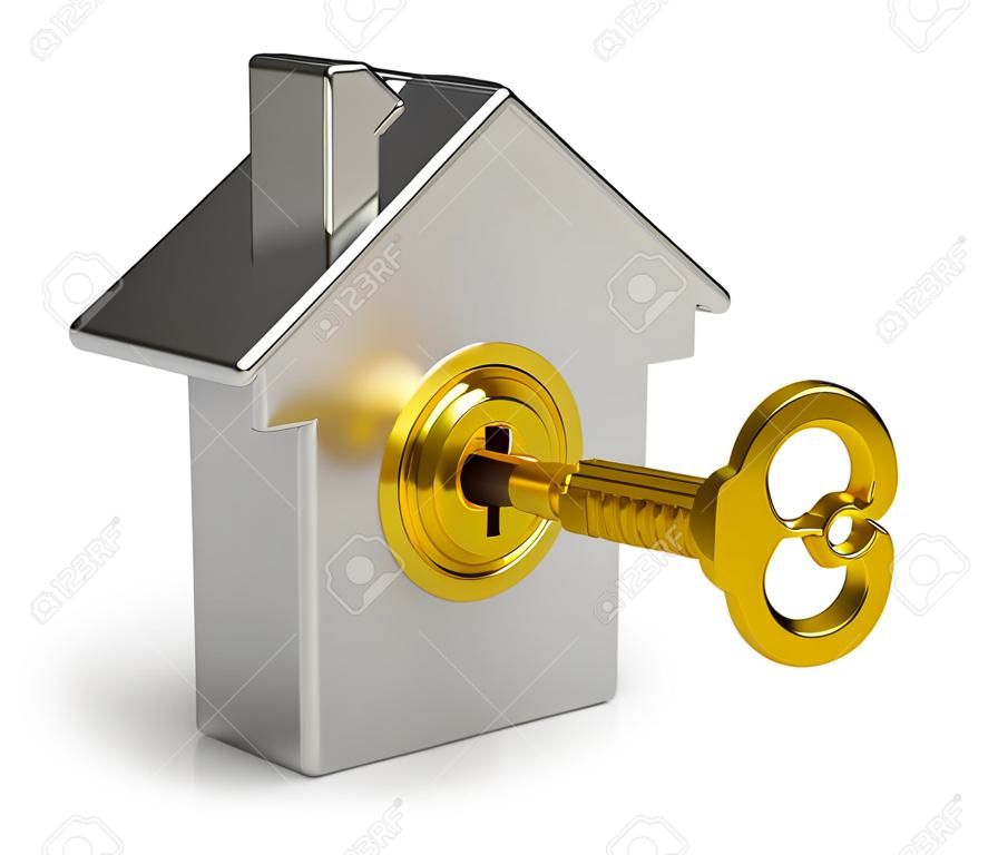 부동산 개념 : 흰색 배경에 고립 된 열쇠 구멍에 황금 열쇠와 금속 집 모양의 기호