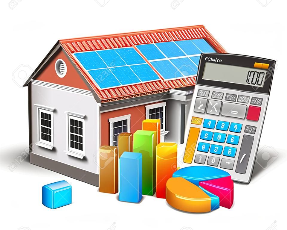 Home finance concept - residential house, office calculator, colorful bar graph and color pie chart isolated on white background  Design of calculator is my own and all text labels are fully abstract 