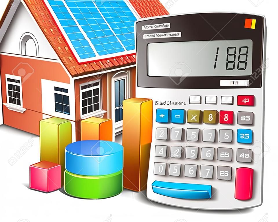 Home finance concept - residential house, office calculator, colorful bar graph and color pie chart isolated on white background  Design of calculator is my own and all text labels are fully abstract 