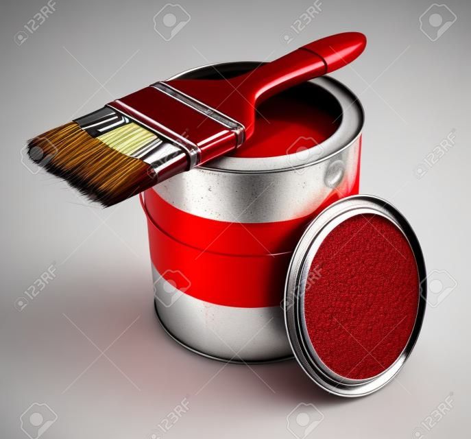 Metal tin can with red paint and paintbrush isolated on white background