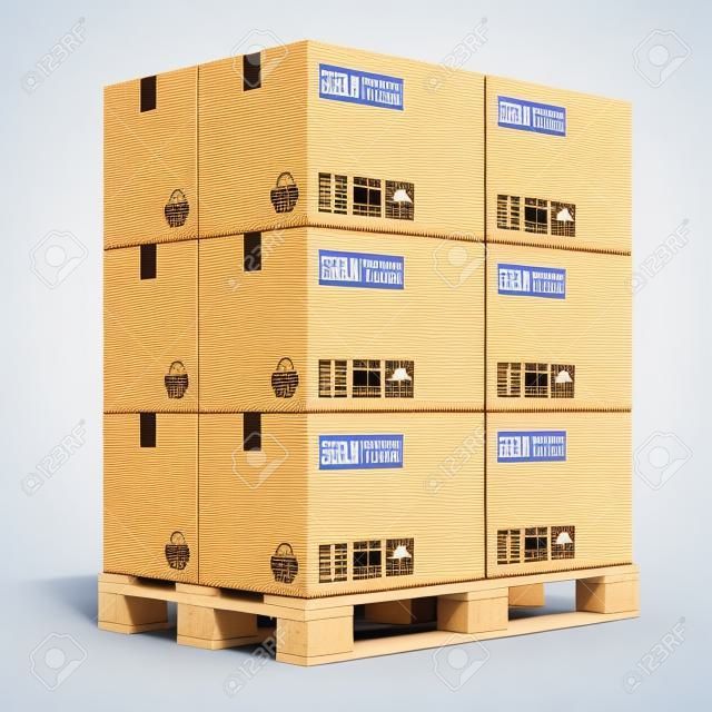 Conceito da indústria da carga, da entrega e do transporte empilhado caixas de papelão na pálete de transporte de madeira isolada no fundo branco