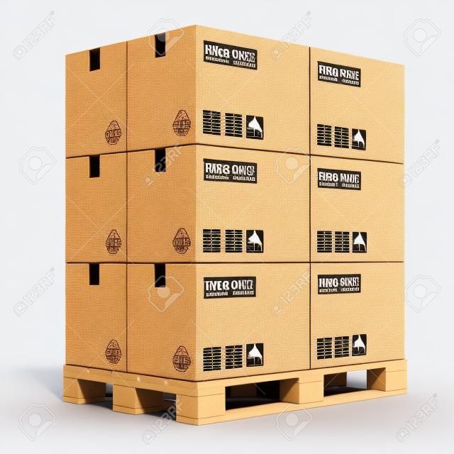 Cargo, de entrega y de la industria del transporte concepto apiladas cajas de cartón en la paleta de madera de envío aislados en fondo blanco