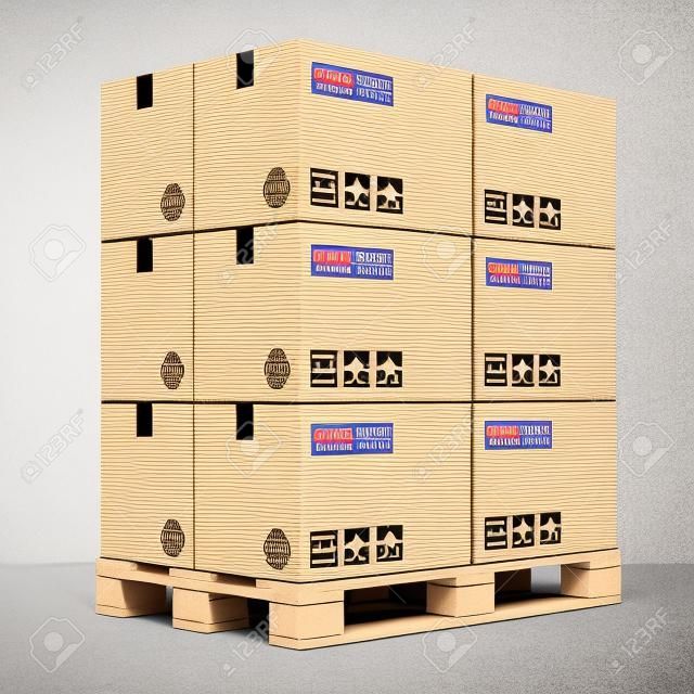 Cargo, la consegna e il trasporto concetto di industria scatole di cartone impilate su pallet in legno spedizione isolato su sfondo bianco