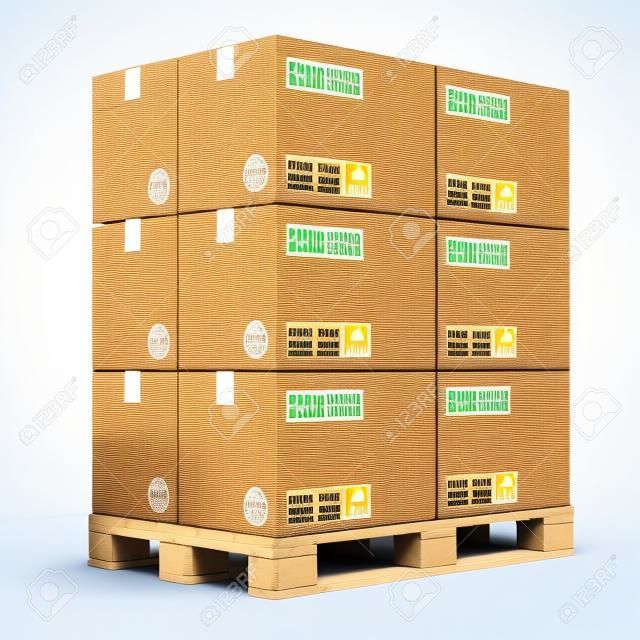 흰색 배경에 고립 된 나무 전달 팔레트화물, 배송 및 운송 산업 개념 스택 골 판지 상자