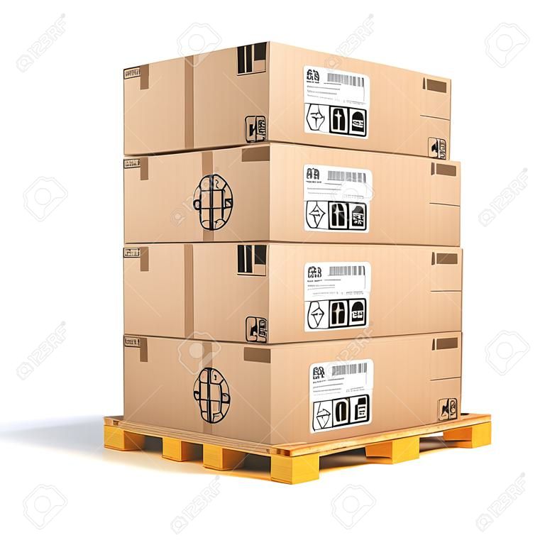輸送・配送貨物業界コンセプト積層白い背景で隔離された木製出荷パレット上の段ボール箱