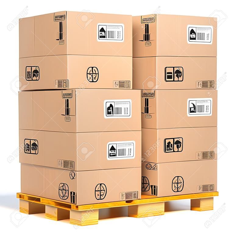 Cargo, de entrega y de la industria del transporte concepto apiladas cajas de cartón en la paleta de madera de envío aislados en fondo blanco