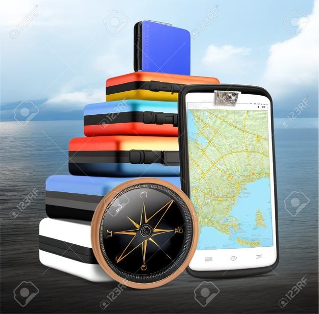 Viajes de negocios creativa, el turismo y la navegación GPS concepto de pila de color de cajas o bolsas de viaje, teléfonos inteligentes con pantalla táctil brillante negro moderno con navegación GPS Mapa aplicación y metal azul brújula aisladas sobre fondo blanco