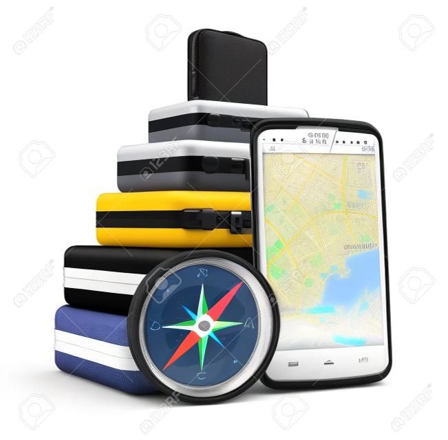 創造的なビジネス旅行、観光と色のケースまたはバッグ、GPS ナビゲーション マップ アプリケーションと青い金属磁気コンパス白い背景で隔離モダンな黒の光沢のあるタッチ スクリーンのスマート フォンを旅行の GPS ナビゲーション コンセプト スタック