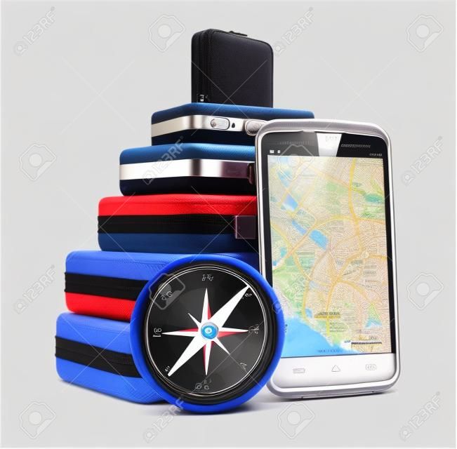 Creative business travel, tourism and GPS navigation concept  stack of color traveling cases or bags, modern black glossy touchscreen smartphone with GPS navigation  map application and blue metal magnetic compass isolated on white background
