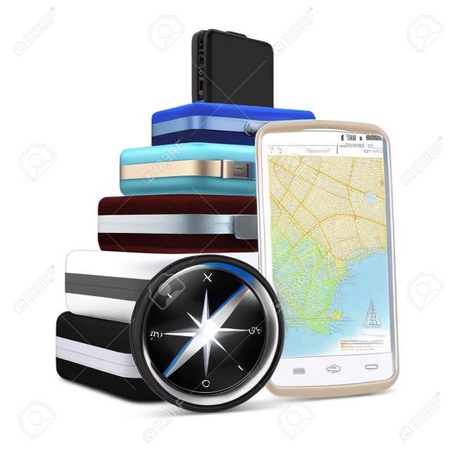 Viajes de negocios creativa, el turismo y la navegación GPS concepto de pila de color de cajas o bolsas de viaje, teléfonos inteligentes con pantalla táctil brillante negro moderno con navegación GPS Mapa aplicación y metal azul brújula aisladas sobre fondo blanco