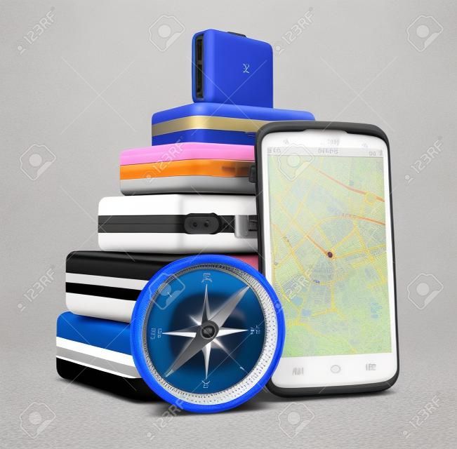 Creative business travel, tourism and GPS navigation concept  stack of color traveling cases or bags, modern black glossy touchscreen smartphone with GPS navigation  map application and blue metal magnetic compass isolated on white background