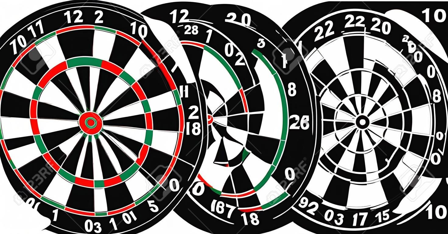 Illustration der Farbe und Schwarz-Weiß-Dartscheibe für Darts-Spiel auf weißem Hintergrund