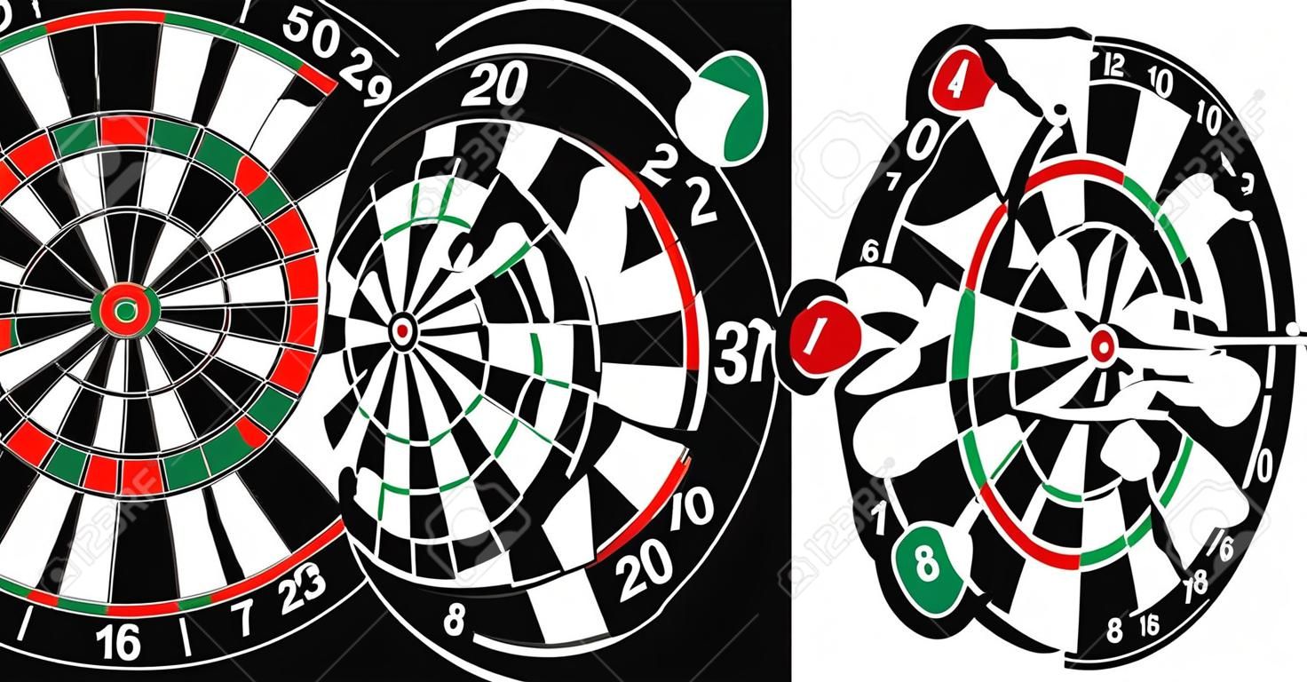 Illustration der Farbe und Schwarz-Weiß-Dartscheibe für Darts-Spiel auf weißem Hintergrund