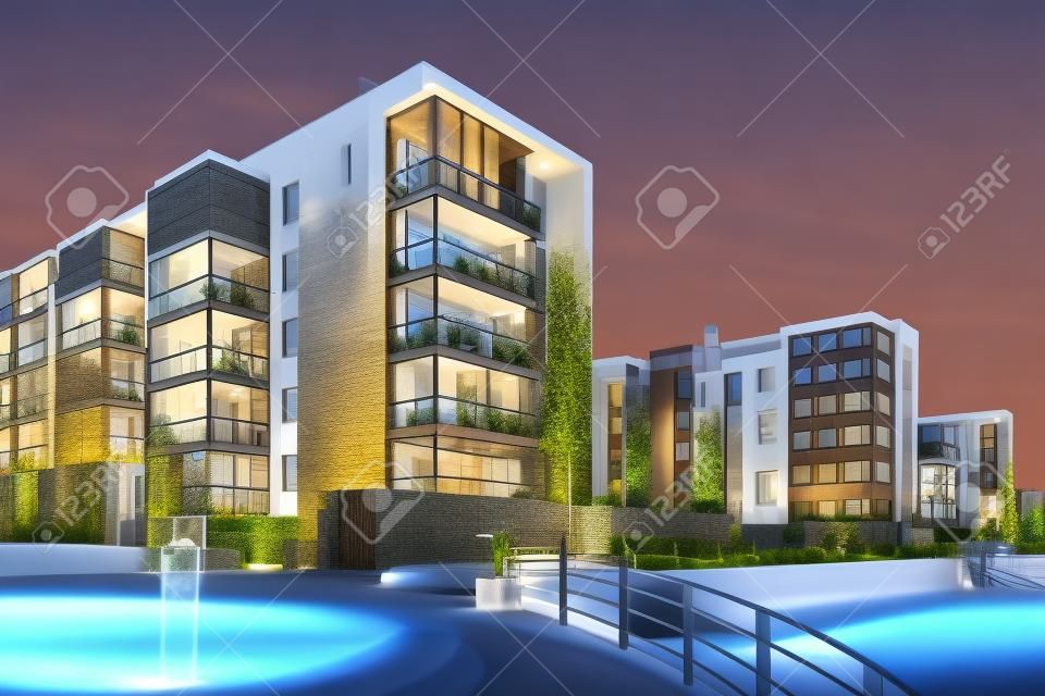 La construcción de viviendas y la construcción de la ciudad concepto: la noche al aire libre urbano vista de las modernas casas de bienes raíces