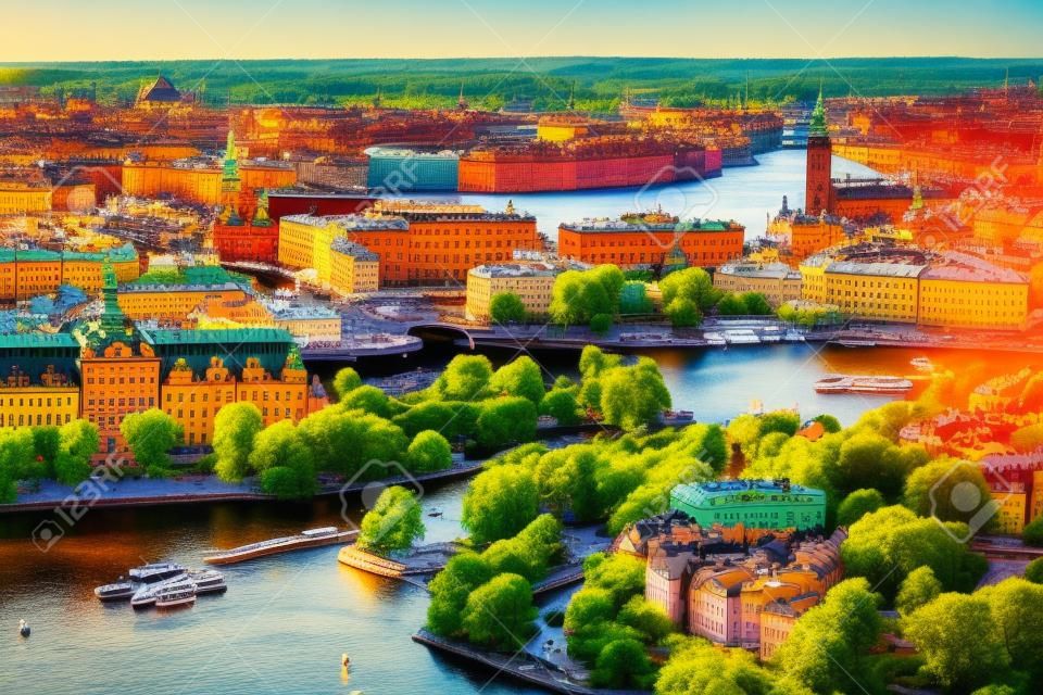 Scenic summer aerial panorama of the Old Town  Gamla Stan  architecture in Stockholm, Sweden