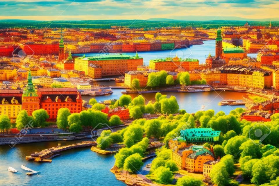 Malerische Sommerluftbild-Panorama der Altstadt Gamla Stan Architektur in Stockholm, Schweden