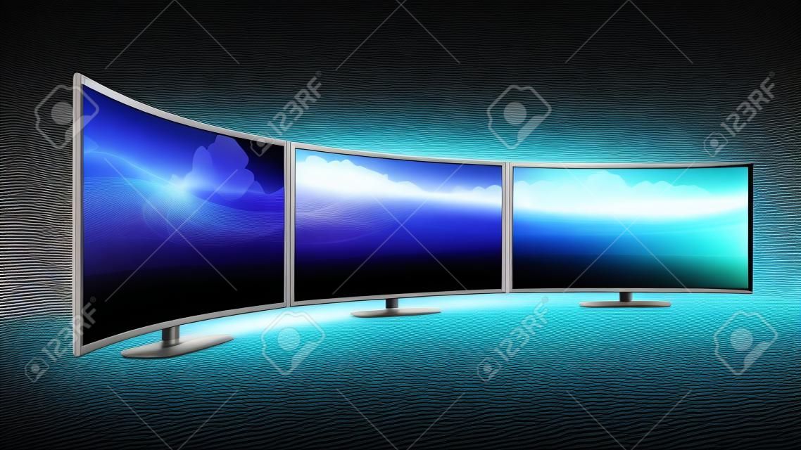 Kreative abstrakten Fernseh Elektronik-Technologie Business-Konzept: Panorama Gruppe moderner gekrümmte TV-Bildschirme oder Computer PC-Monitoren isoliert auf weißem Hintergrund