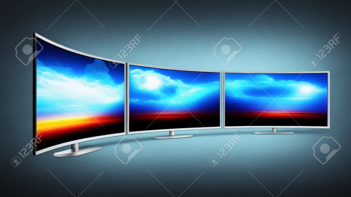 創意抽象的電視電子科技經營理念：全景一批現代化的弧形電視顯示屏或電腦電腦顯示器被隔絕在白色背景
