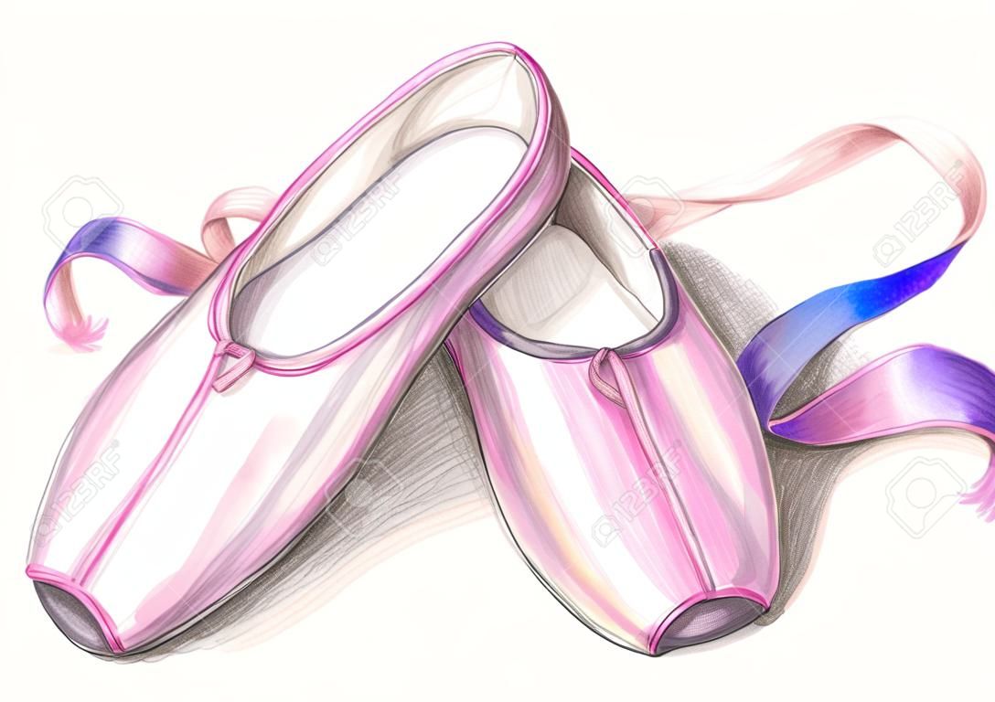 手工繪製的芭蕾足尖鞋在白色背景