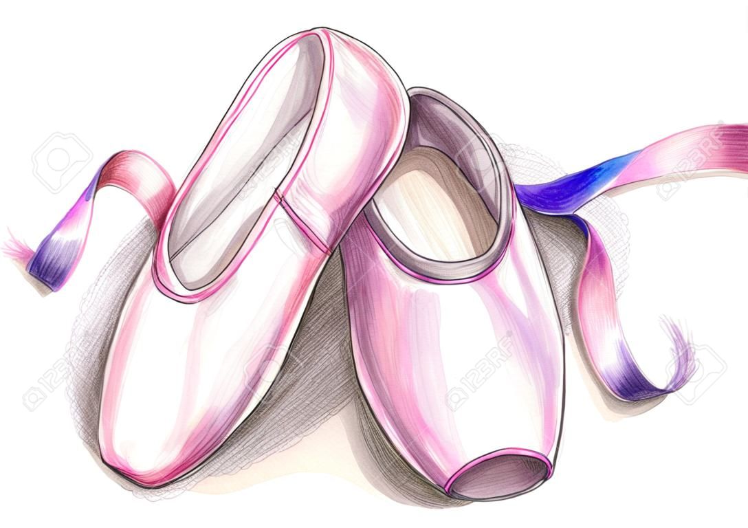 手工繪製的芭蕾足尖鞋在白色背景