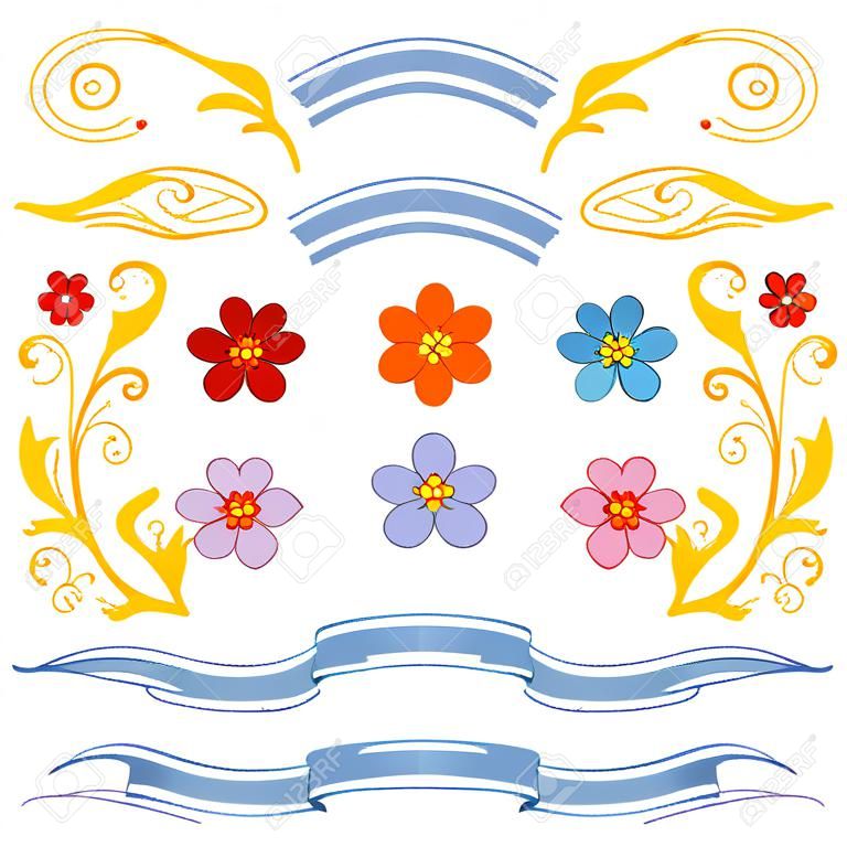 Hand drawn vector illustration with traditional Buenos Aires fileteado ornament elements - flowers, decorative plants, leafs and ribbons. Isolated objects on white background. Floral design elements.