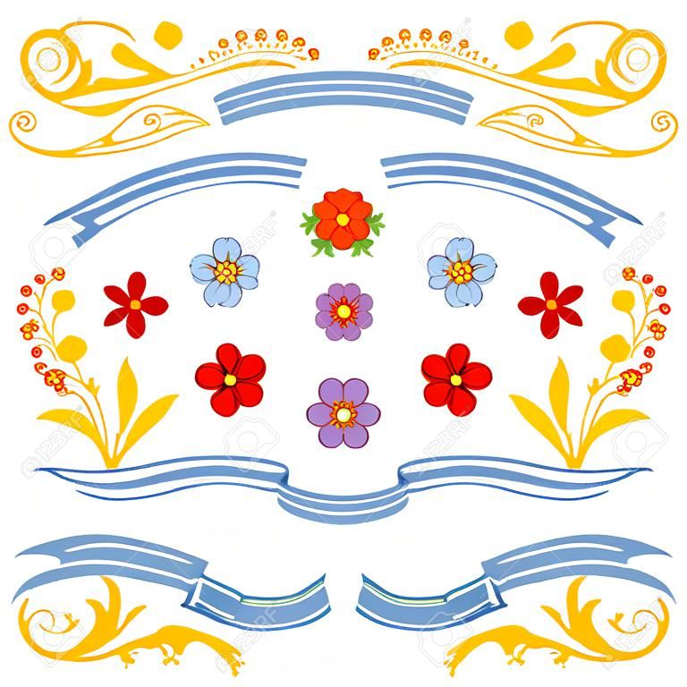 Hand drawn vector illustration with traditional Buenos Aires fileteado ornament elements - flowers, decorative plants, leafs and ribbons. Isolated objects on white background. Floral design elements.