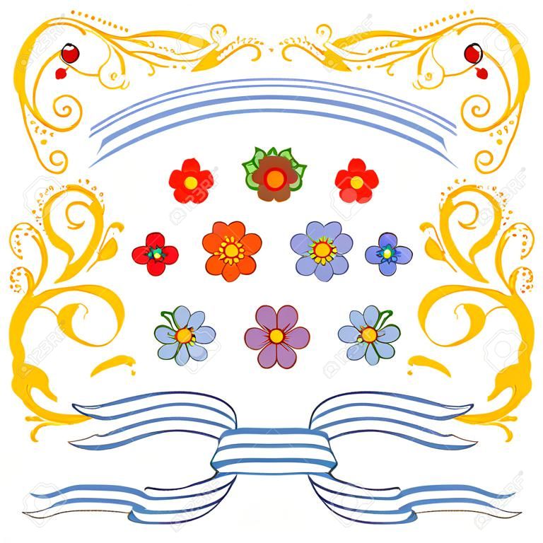 Hand getekend vector illustratie met traditionele Buenos Aires fileteado ornament elementen - bloemen, decoratieve planten, bladeren en linten. Geïsoleerde objecten op witte achtergrond. Floral design elementen.