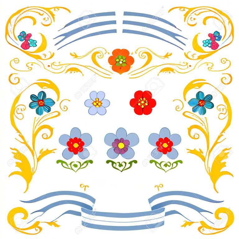 與傳統的布宜諾斯艾利斯fileteado裝飾元素-花，裝飾植物，葉子和絲帶的手繪矢量圖。在白色背景上的孤立的對象。花藝設計元素。
