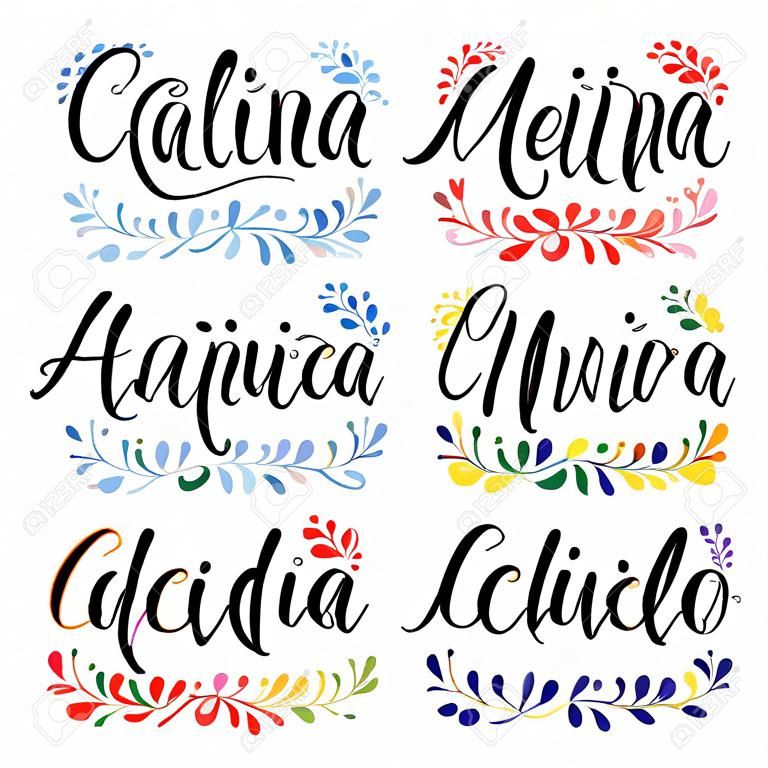 Set of hand written calligraphic lettering quotes with Latin American countries names, decorative ornament. Isolated objects on white background. Vector illustration. Design concept for banner, card.