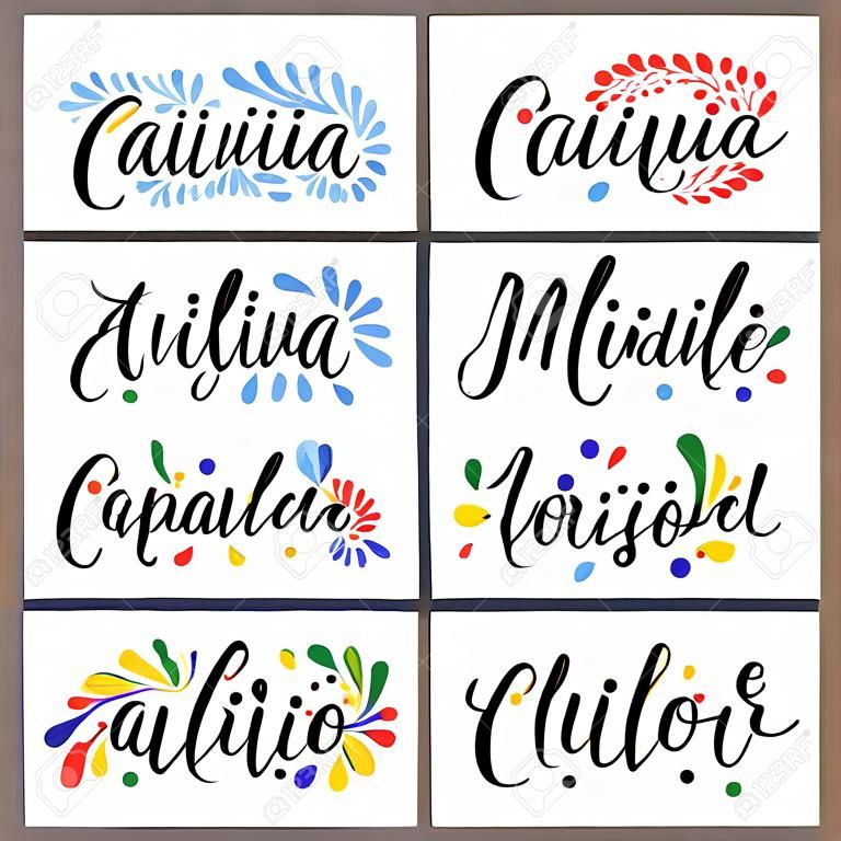 Set handgeschreven kalligrafische letters citaten met Latijns-Amerikaanse landen namen, decoratieve ornament. Geïsoleerde objecten op witte achtergrond. Vector illustratie. Ontwerp concept voor banner, kaart.