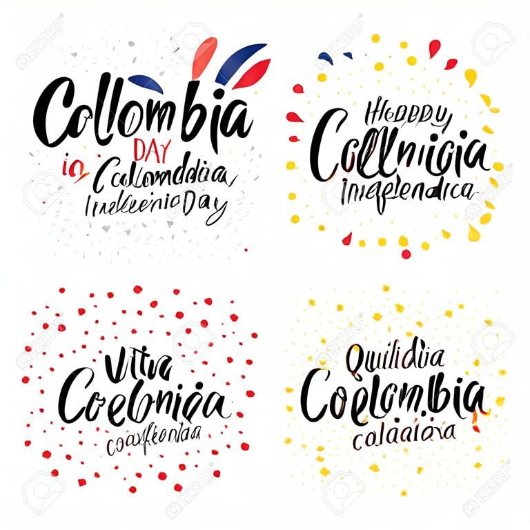 コロンビア独立記念日の手書きの書かれた書き出しスペインのレタリングの引用符のセットは、旗の色で、星、紙吹雪。分離されたオブジェクト。ベクターの図。デザインコンセプトバナー、カード。
