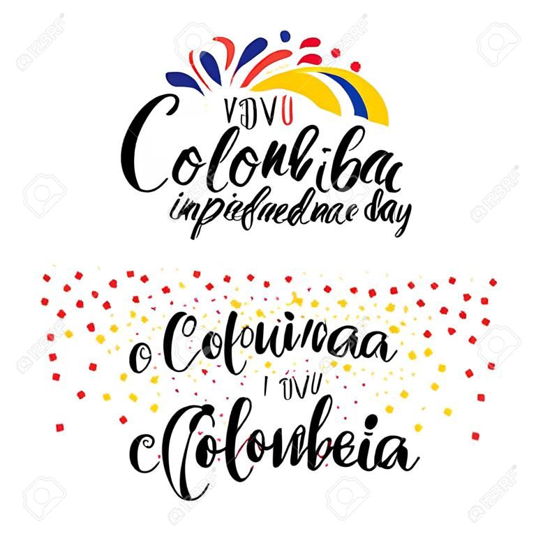 Set di citazioni scritte in spagnolo calligrafico scritte a mano per il giorno dell'indipendenza della Colombia con stelle, coriandoli, nei colori della bandiera. Oggetti isolati. Illustrazione vettoriale. Banner di concetto di design, carta.