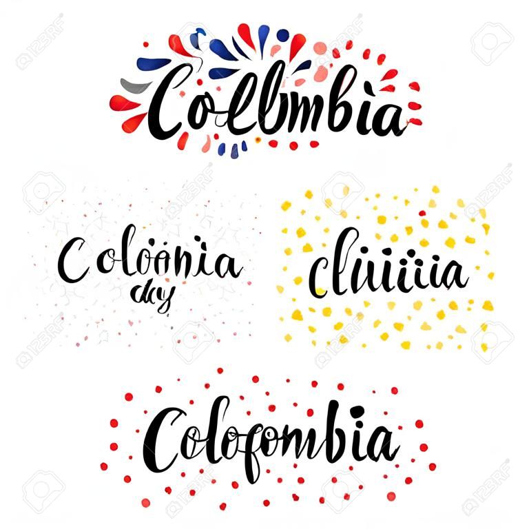 Satz handgeschriebene kalligraphische spanische Schriftzitate für den Unabhängigkeitstag Kolumbiens mit Sternen, Konfetti, in Flaggenfarben. Isolierte Objekte. Vektorillustration. Design-Konzept-Banner, Karte.