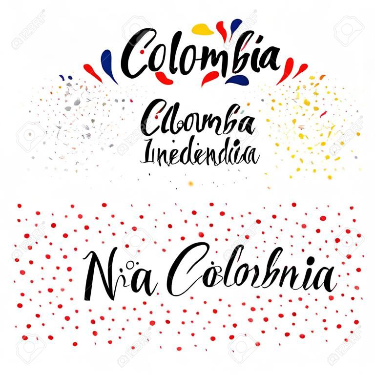 Satz handgeschriebene kalligraphische spanische Schriftzitate für den Unabhängigkeitstag Kolumbiens mit Sternen, Konfetti, in Flaggenfarben. Isolierte Objekte. Vektorillustration. Design-Konzept-Banner, Karte.