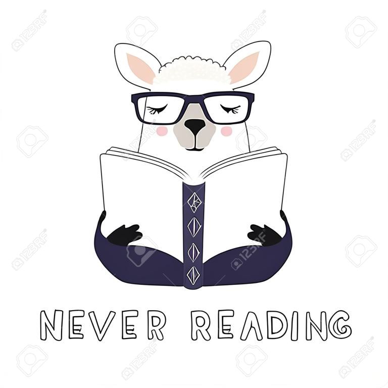 책을 읽고 있는 귀여운 재미있는 라마의 손으로 그린 벡터 삽화, 절대 읽지 마세요. 흰색 배경에 고립 된 개체입니다. 스칸디나비아 스타일의 평면 디자인. 어린이 인쇄에 대 한 개념입니다.