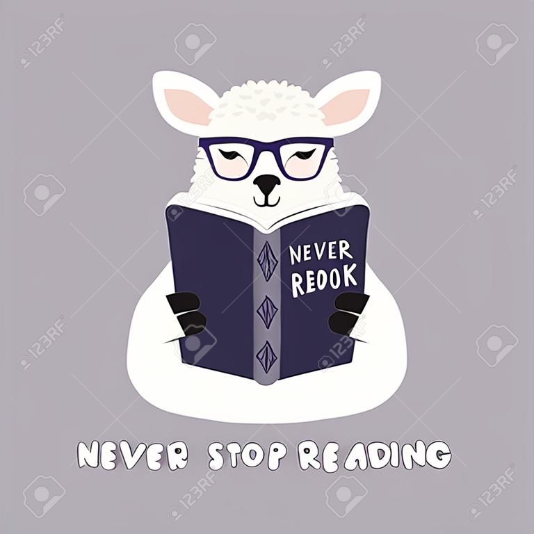 Hand drawn vector illustration of a cute funny llama reading a book, with quote Never stop reading. Isolated objects on white background. Scandinavian style flat design. Concept for children print.