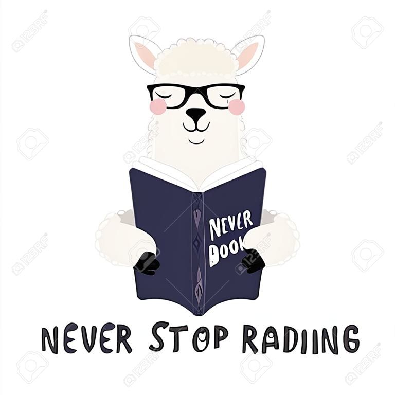 Handgezeichnete Vektorgrafik eines niedlichen lustigen Lamas, das ein Buch liest, mit Zitat Nie aufhören zu lesen. Isolierte Objekte auf weißem Hintergrund. Flaches Design im skandinavischen Stil. Konzept für Kinderdruck.