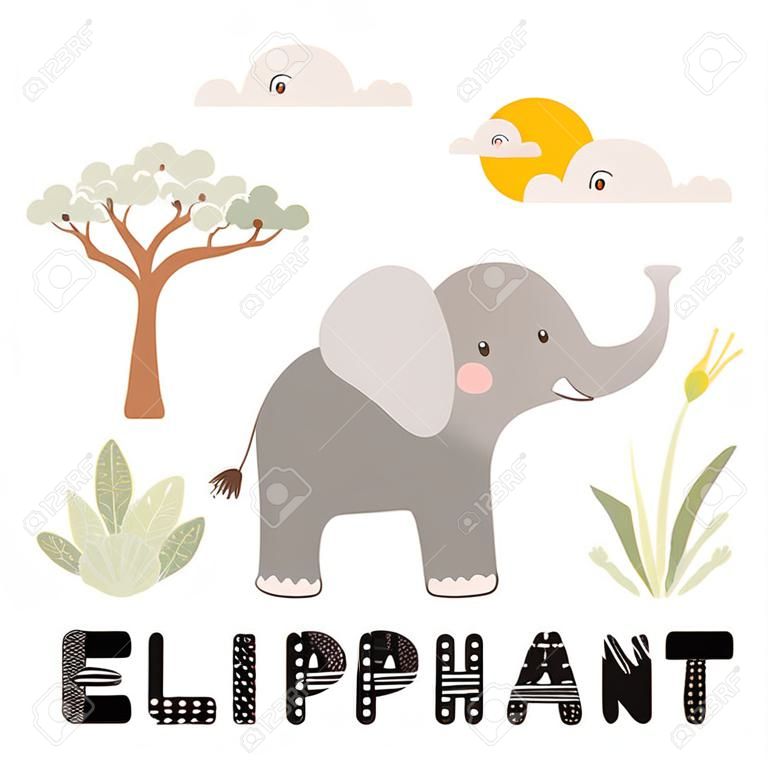 Hand drawn vector illustration of a cute elephant, African landscape, with text. Isolated objects on white background. Scandinavian style flat design. Concept for children print.