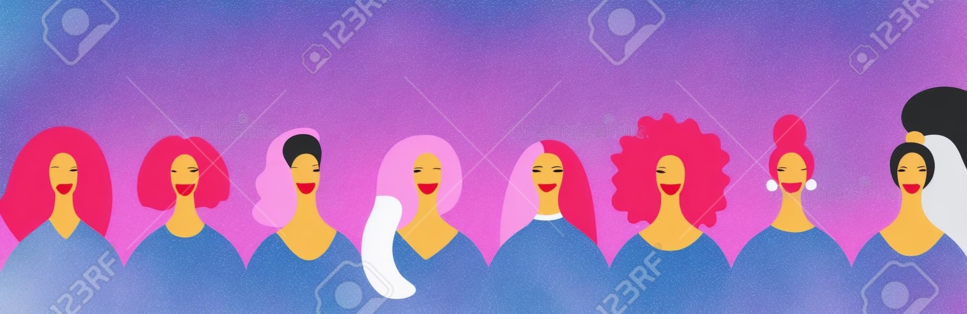 Womens day card, poster, banner, background, with space for text and diverse women faces. Hand drawn vector illustration. Flat style design. Concept, element for feminism, girl power.