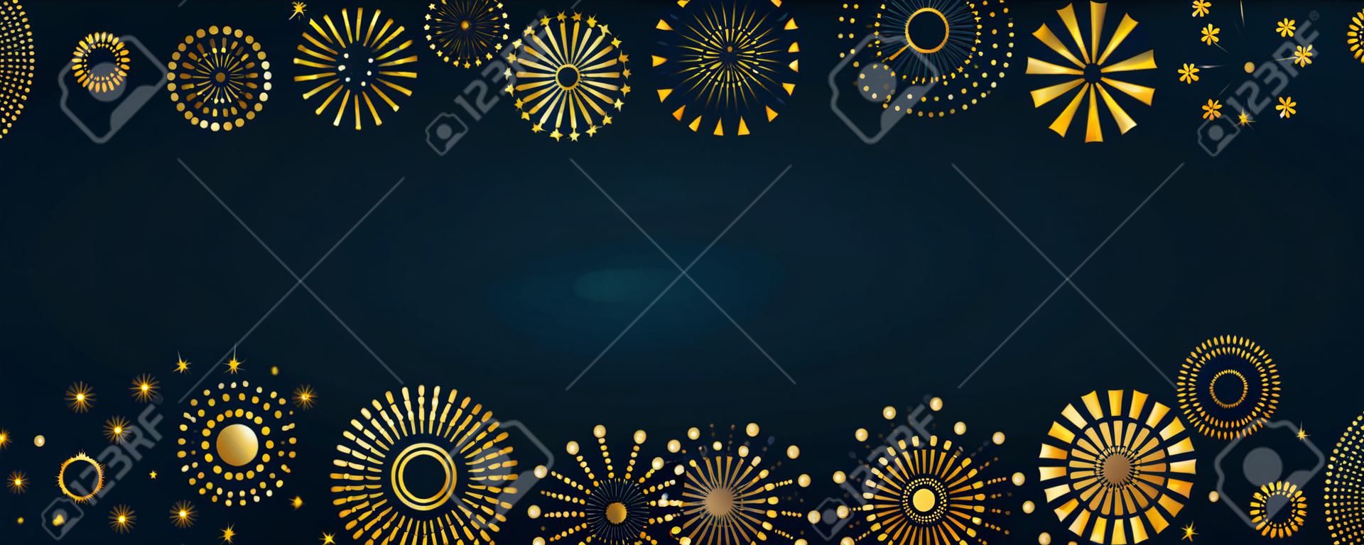 Marco de fuegos artificiales dorados, brillante sobre fondo oscuro, con espacio de copia. Ilustración de vector de estilo plano. Diseño geométrico abstracto. Concepto para Año Nuevo, tarjeta de felicitación de cumpleaños, afiche, pancarta, volante.
