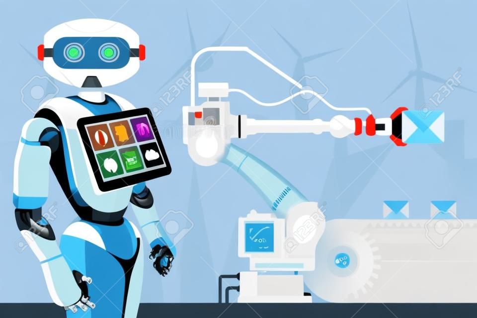 Robot with a digital tablet controls the handling robot. Smart factory. Vector illustration