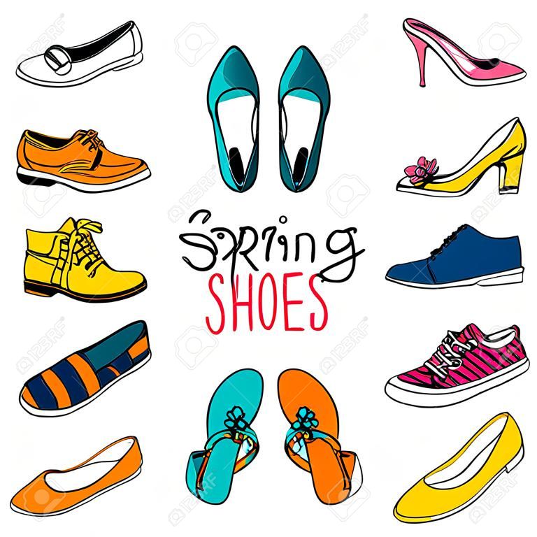 Vector illustration of woman shoes set. Hand-drown objects illustrations. Spring-summer fashion collection.