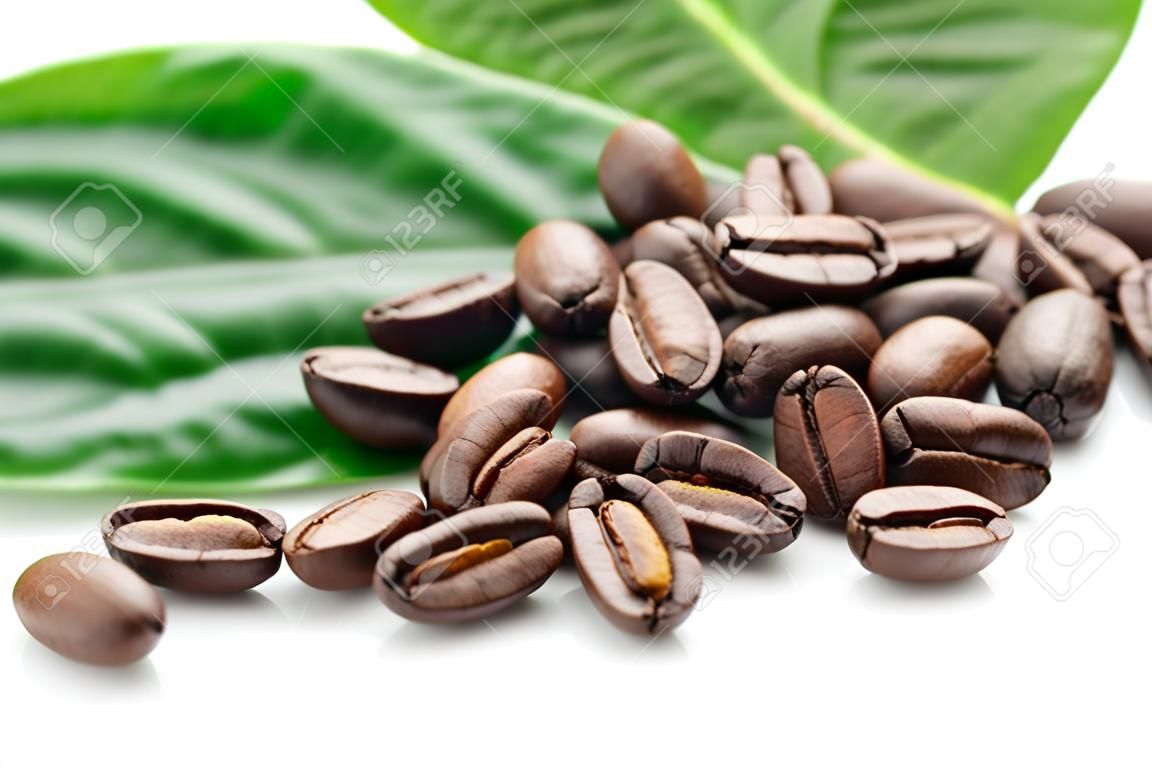 los granos de café y las hojas