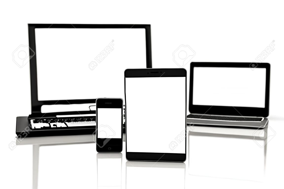 Pantallas electrónicas en blanco, en blanco pantallas en blanco vacías de smartphone móvil, Tablet PC y un ordenador portátil. procesan en 3D, pantallas dejaron blancas para insertar las pantallas personalizadas de tu elección