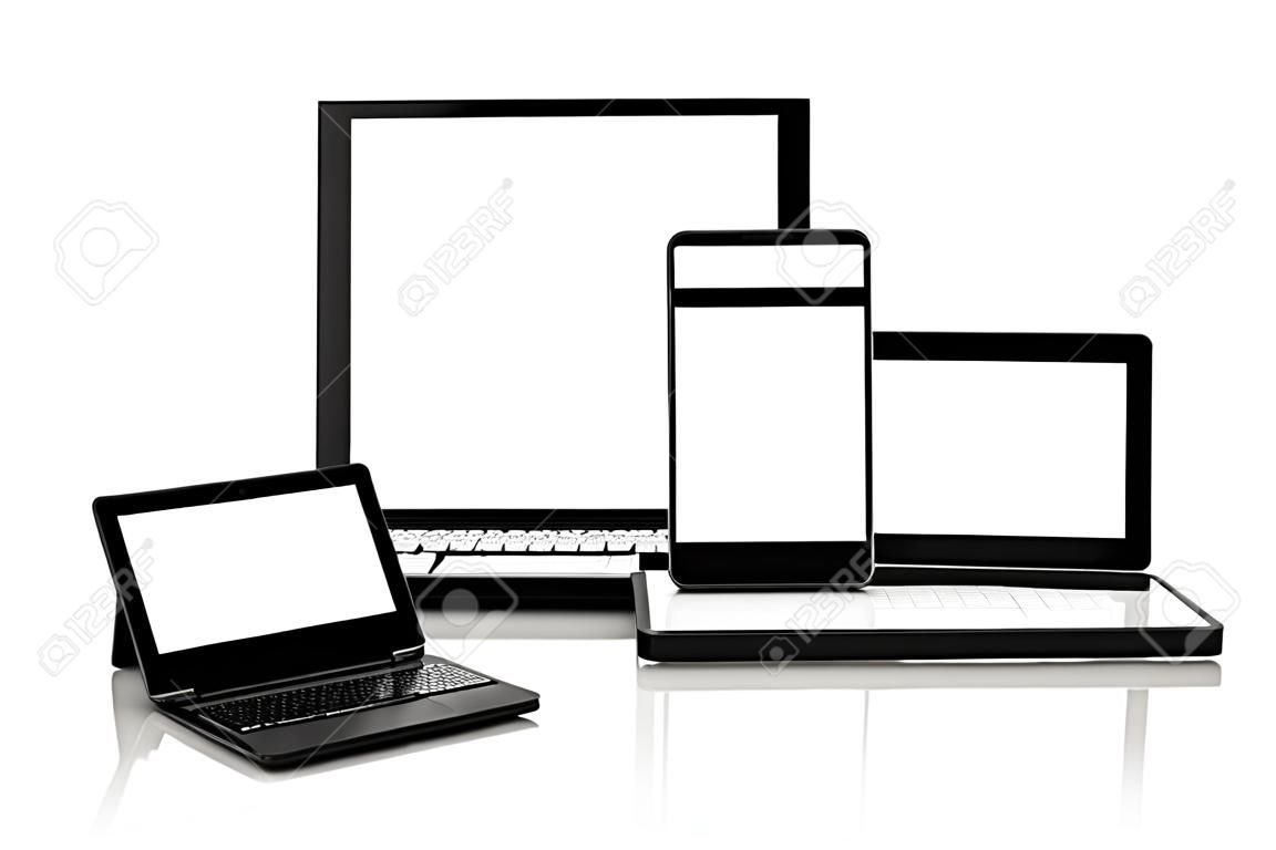 Pantallas electrónicas en blanco, en blanco pantallas en blanco vacías de smartphone móvil, Tablet PC y un ordenador portátil. procesan en 3D, pantallas dejaron blancas para insertar las pantallas personalizadas de tu elección