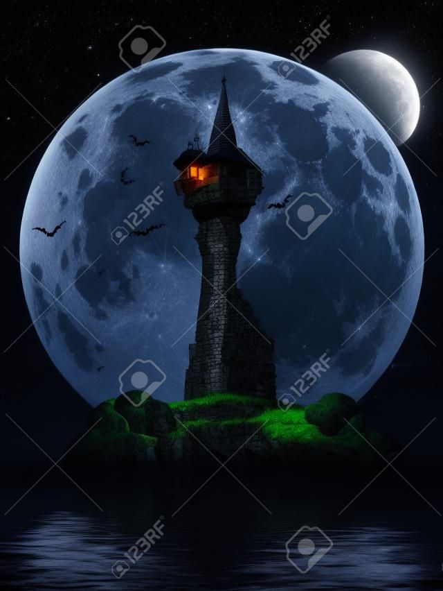 Witches tower, Halloween image of a dark mysterious tower on a rock island with bats and a moon background 