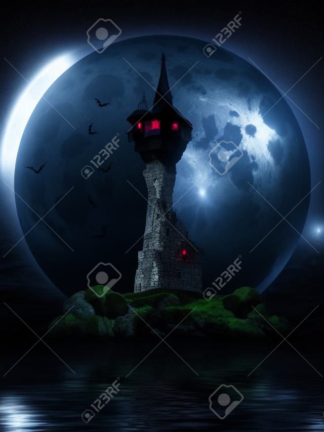 Streghe torre, immagine di Halloween di una torre misteriosa scura su una roccia isola con mazze e una luna di fondo