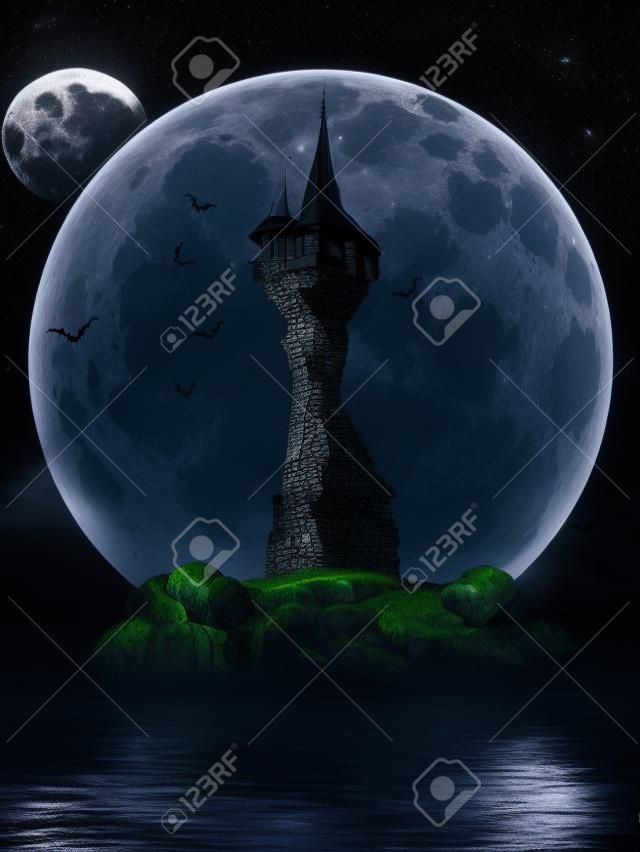 Witches tower, Halloween image of a dark mysterious tower on a rock island with bats and a moon background 