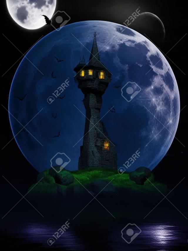 Czarownice wieża, Halloween obraz ciemnej tajemniczej wieży na skale wyspie z nietoperzy i tle księżyca